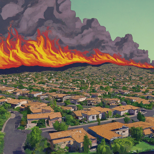 An illustration of raging wildfire in the periphery dry hillside of a sprawling southern California residential community.