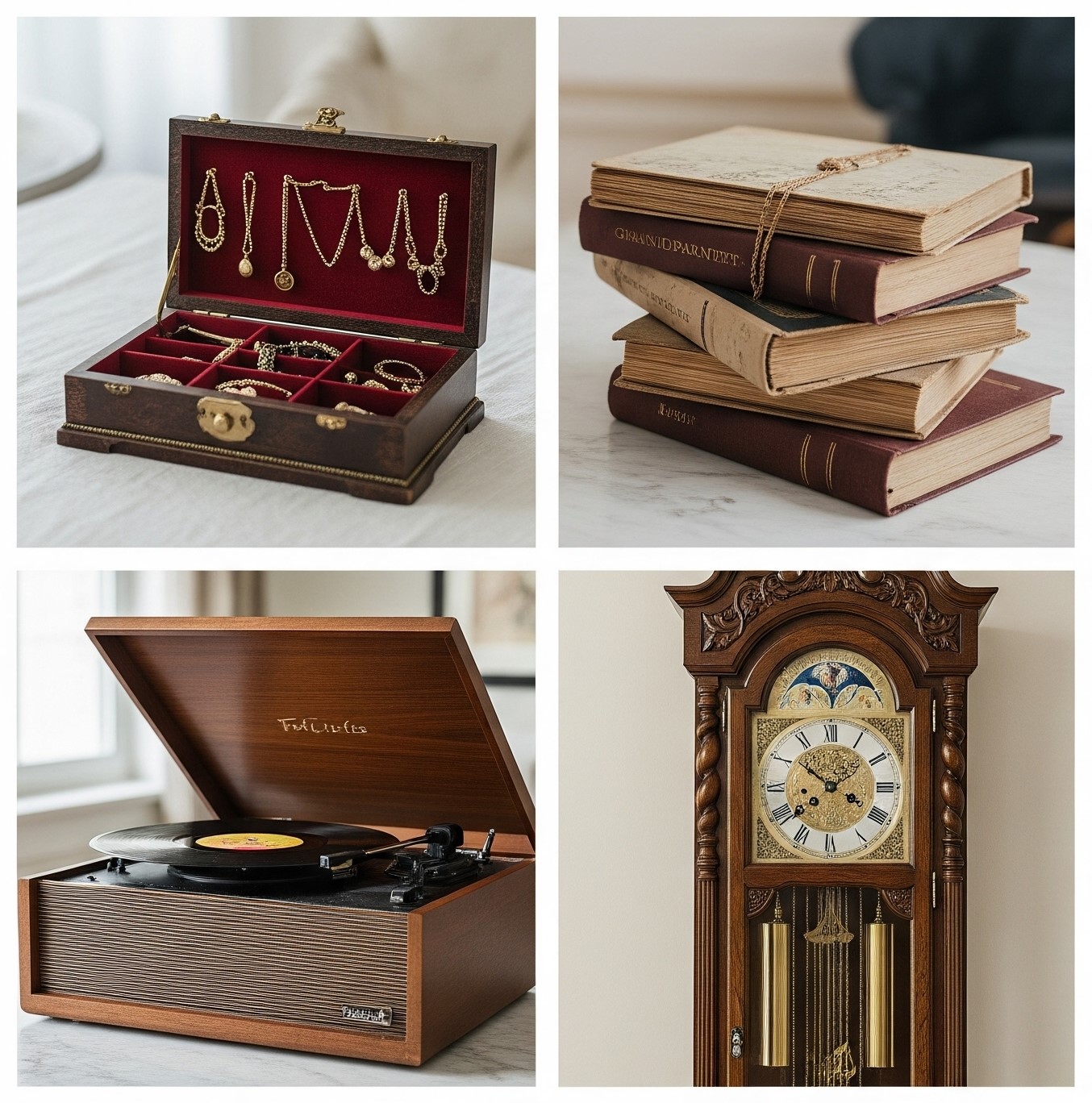 A montage image of four items that a person would want to preserve: jewelry, books, an old record player, and a grandfather clock.